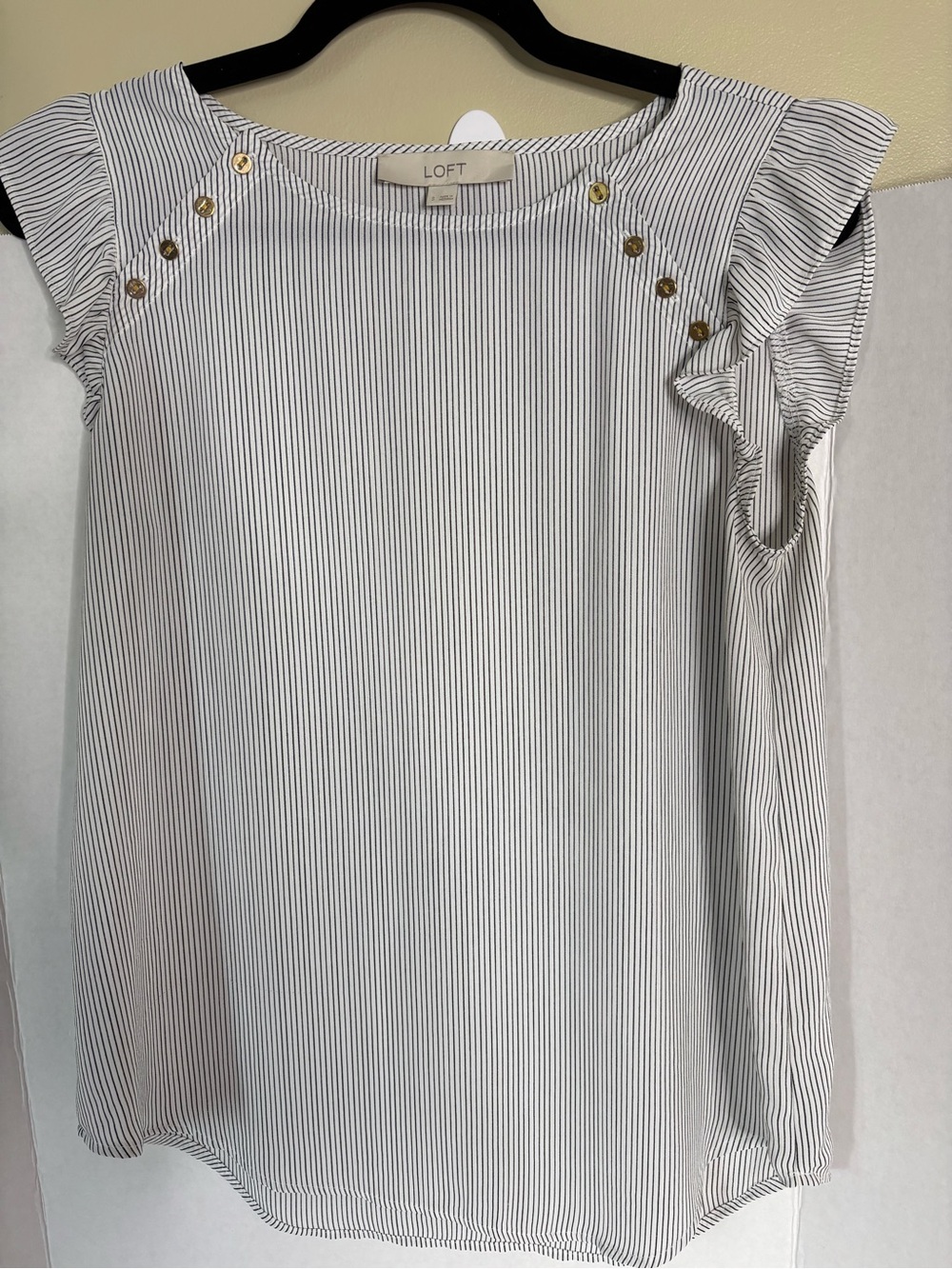 LOFT Black and White Pinstripe Ruffle Sleeve Blouse with Gold Buttons